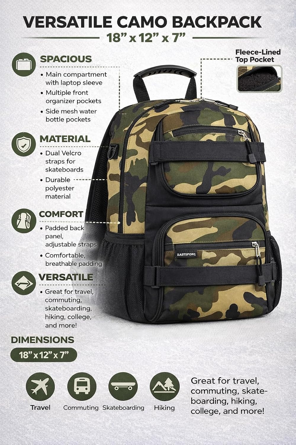 Travel Skateboard Backpack Double Strap Laptop Bag Multi-Sport Design for Men and Women, Camo Black