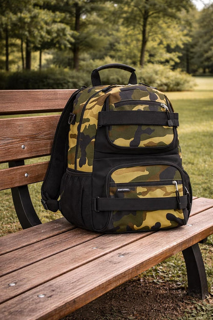 Travel Skateboard Backpack Double Strap Laptop Bag Multi-Sport Design for Men and Women, Camo Black