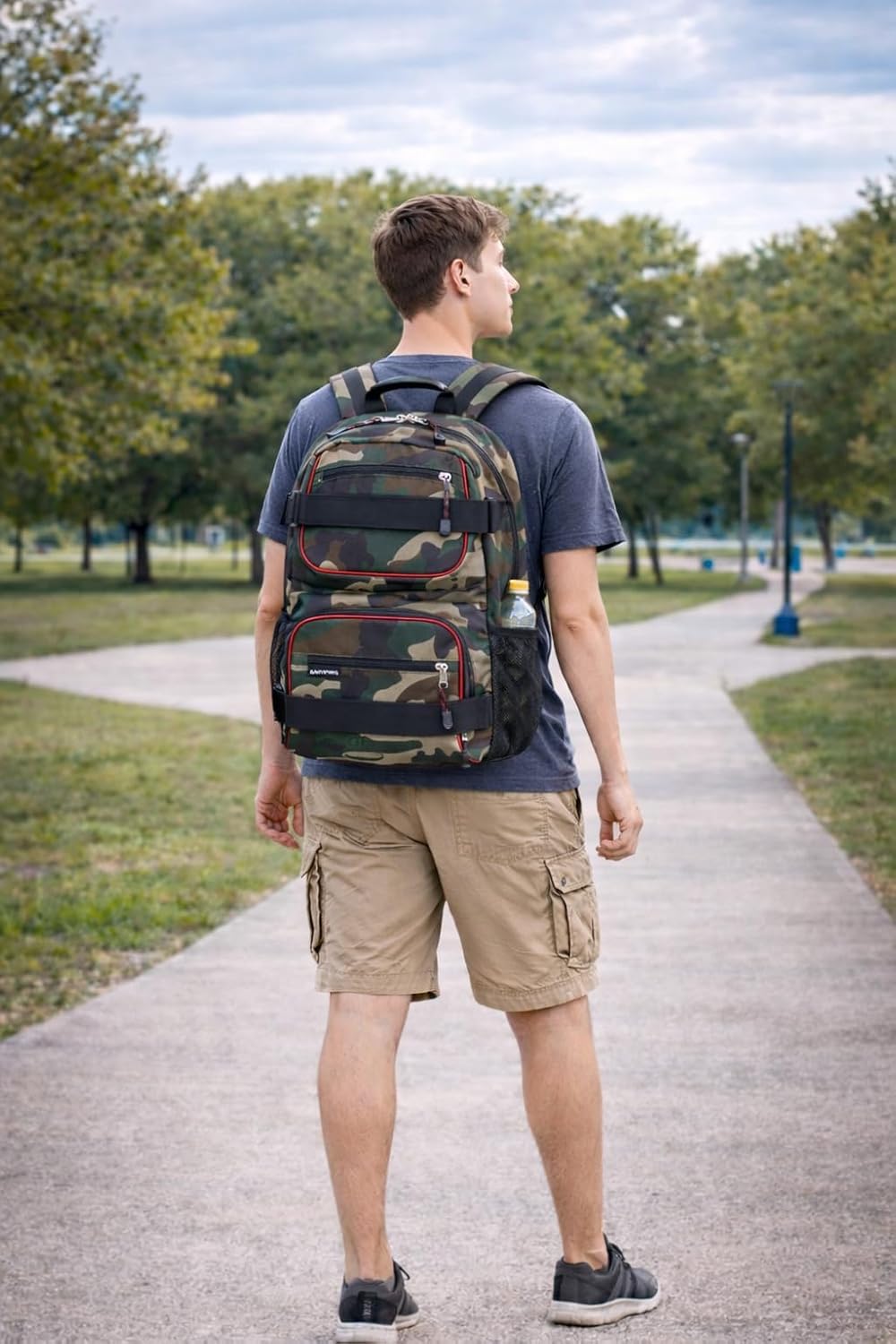 Travel Skateboard Backpack Double Strap Laptop Bag Multi-Sport Design for Men and Women, Camo Black