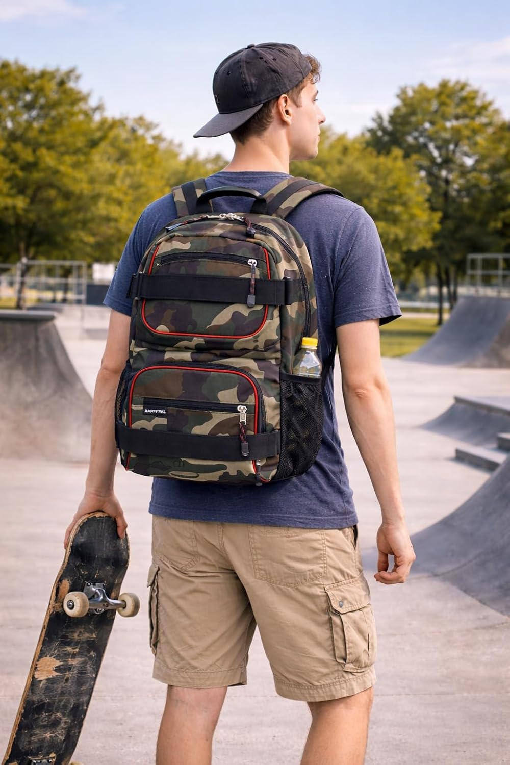Travel Skateboard Backpack Double Strap Laptop Bag Multi-Sport Design for Men and Women, Camo Black