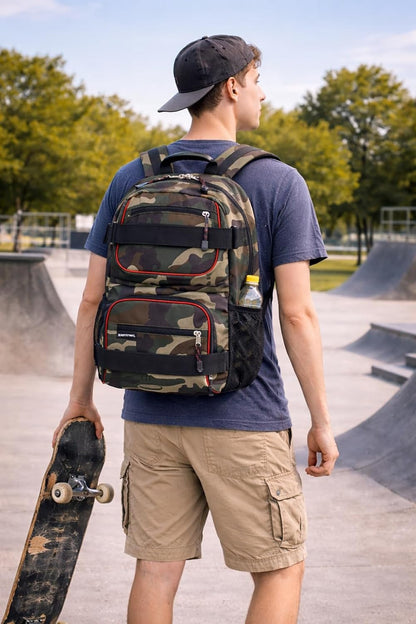 Travel Skateboard Backpack Double Strap Laptop Bag Multi-Sport Design for Men and Women, Camo Black