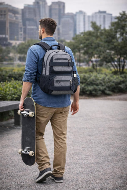 Travel Skateboard Backpack Double Strap Laptop Bag Multi-Sport Design for Men and Women, Camo Black