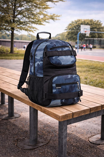 Travel Skateboard Backpack Double Strap Laptop Bag Multi-Sport Design for Men and Women, Camo Black