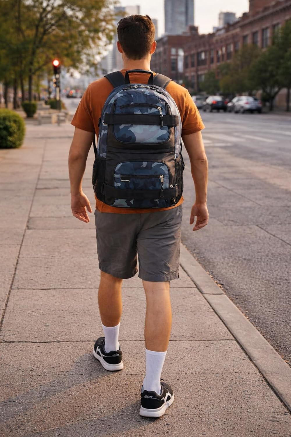 Travel Skateboard Backpack Double Strap Laptop Bag Multi-Sport Design for Men and Women, Camo Black
