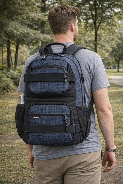 Travel Skateboard Backpack Double Strap Laptop Bag Multi-Sport Design for Men and Women, Camo Black