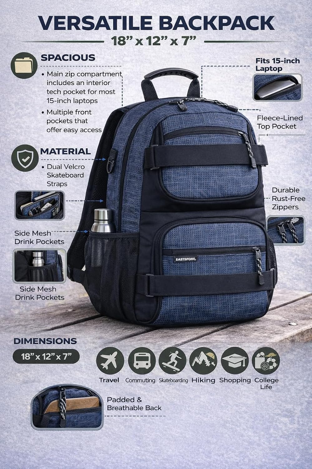 Travel Skateboard Backpack Double Strap Laptop Bag Multi-Sport Design for Men and Women, Camo Black