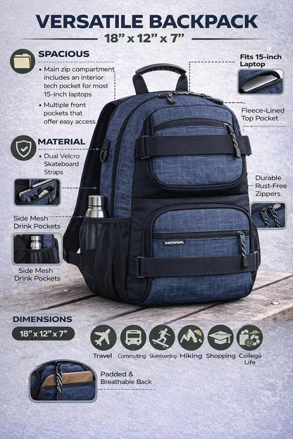 Travel Skateboard Backpack Double Strap Laptop Bag Multi-Sport Design for Men and Women, Camo Black