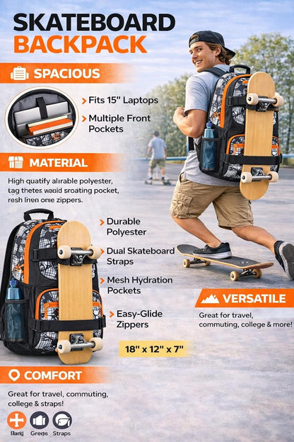 Travel Skateboard Backpack Double Strap Laptop Bag Multi-Sport Design for Men and Women, Camo Black