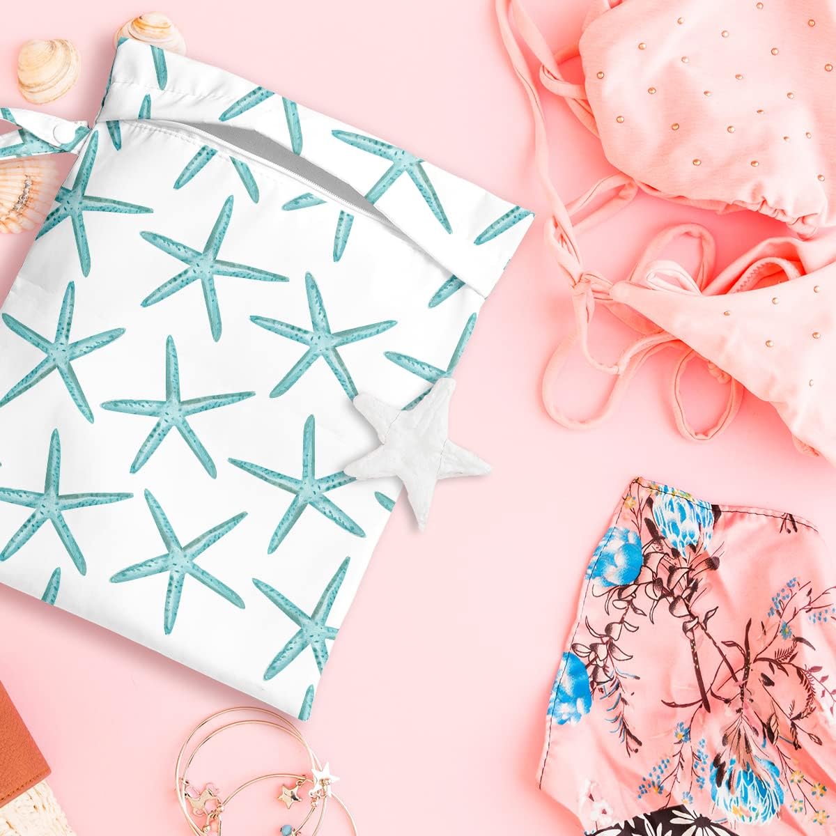 Wet Bag, Wet Dry Bag, Wet Bag for Swimsuit, Travel, Beach, Pool, Diapers, Dirty Yoga Gym Clothes, Makeup Bag, Waterproof Reusable Beach Bag Ocean Decor Starfish Sea Horse Anchor