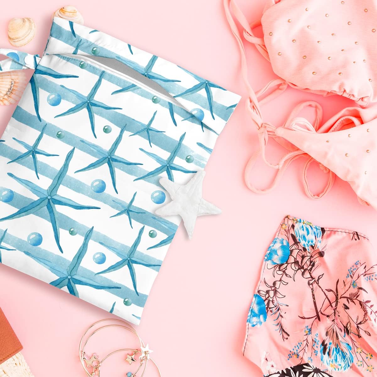 Wet Bag, Wet Dry Bag, Wet Bag for Swimsuit, Travel, Beach, Pool, Diapers, Dirty Yoga Gym Clothes, Makeup Bag, Waterproof Reusable Beach Bag Ocean Decor Starfish Sea Horse Anchor