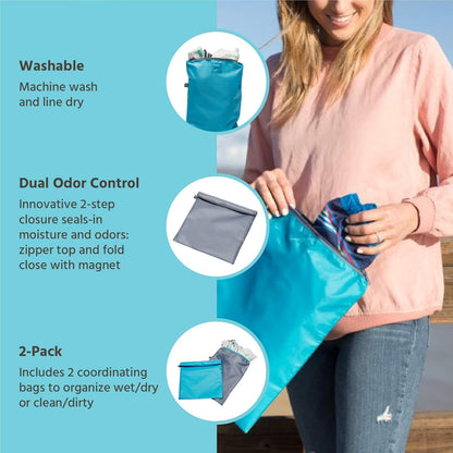 J.L. Childress Waterproof Wet and Dry Bags - Wet Bags for Swimsuits, Cloth Diapers & Baby Clothes, Leak Proof, Travel Organizer for Beach, Pool, Daycare, Machine Washable, Reusable - Teal/Grey, 2 Pack