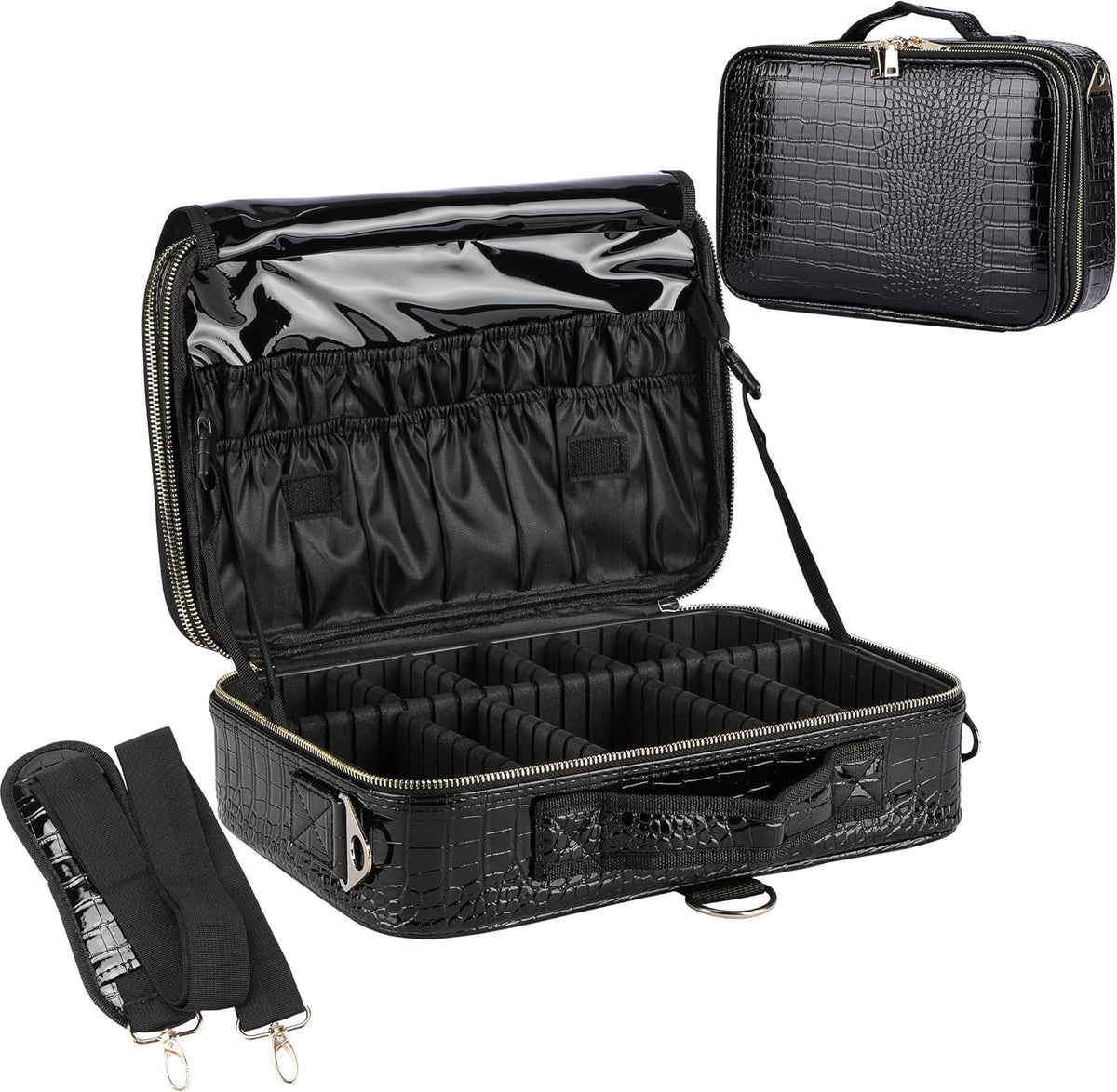 Travel Makeup Train Case,Large Capacity Cosmetic Bags for Women,Portable Makeup Bag Organizer with Adjustable Dividers & Shoulder Strap (Black, L)