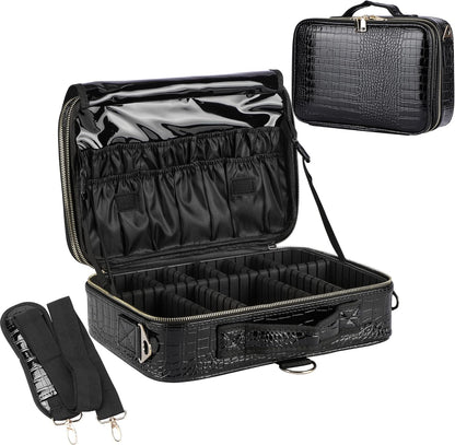 Travel Makeup Train Case,Large Capacity Cosmetic Bags for Women,Portable Makeup Bag Organizer with Adjustable Dividers & Shoulder Strap (Black, L)