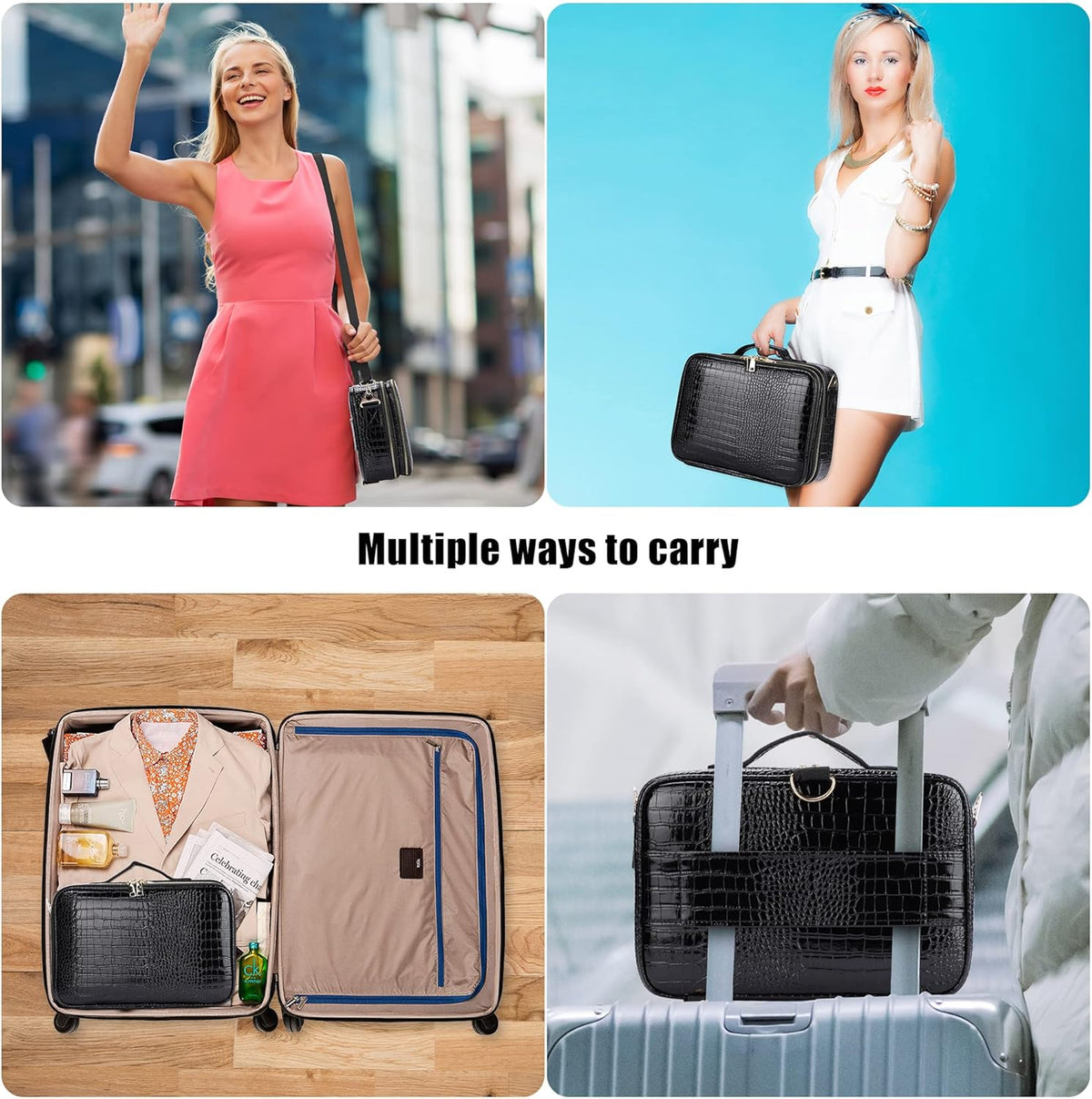 Travel Makeup Train Case,Large Capacity Cosmetic Bags for Women,Portable Makeup Bag Organizer with Adjustable Dividers & Shoulder Strap (Black, L)