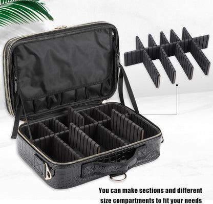 Travel Makeup Train Case,Large Capacity Cosmetic Bags for Women,Portable Makeup Bag Organizer with Adjustable Dividers & Shoulder Strap (Black, L)