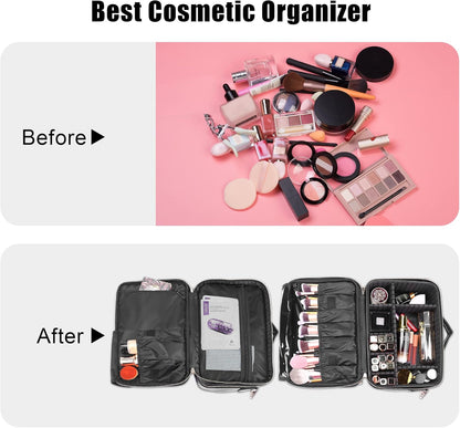 Travel Makeup Train Case,Large Capacity Cosmetic Bags for Women,Portable Makeup Bag Organizer with Adjustable Dividers & Shoulder Strap (Black, L)