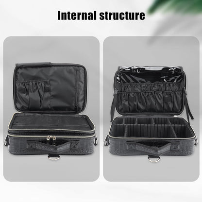 Travel Makeup Train Case,Large Capacity Cosmetic Bags for Women,Portable Makeup Bag Organizer with Adjustable Dividers & Shoulder Strap (Black, L)