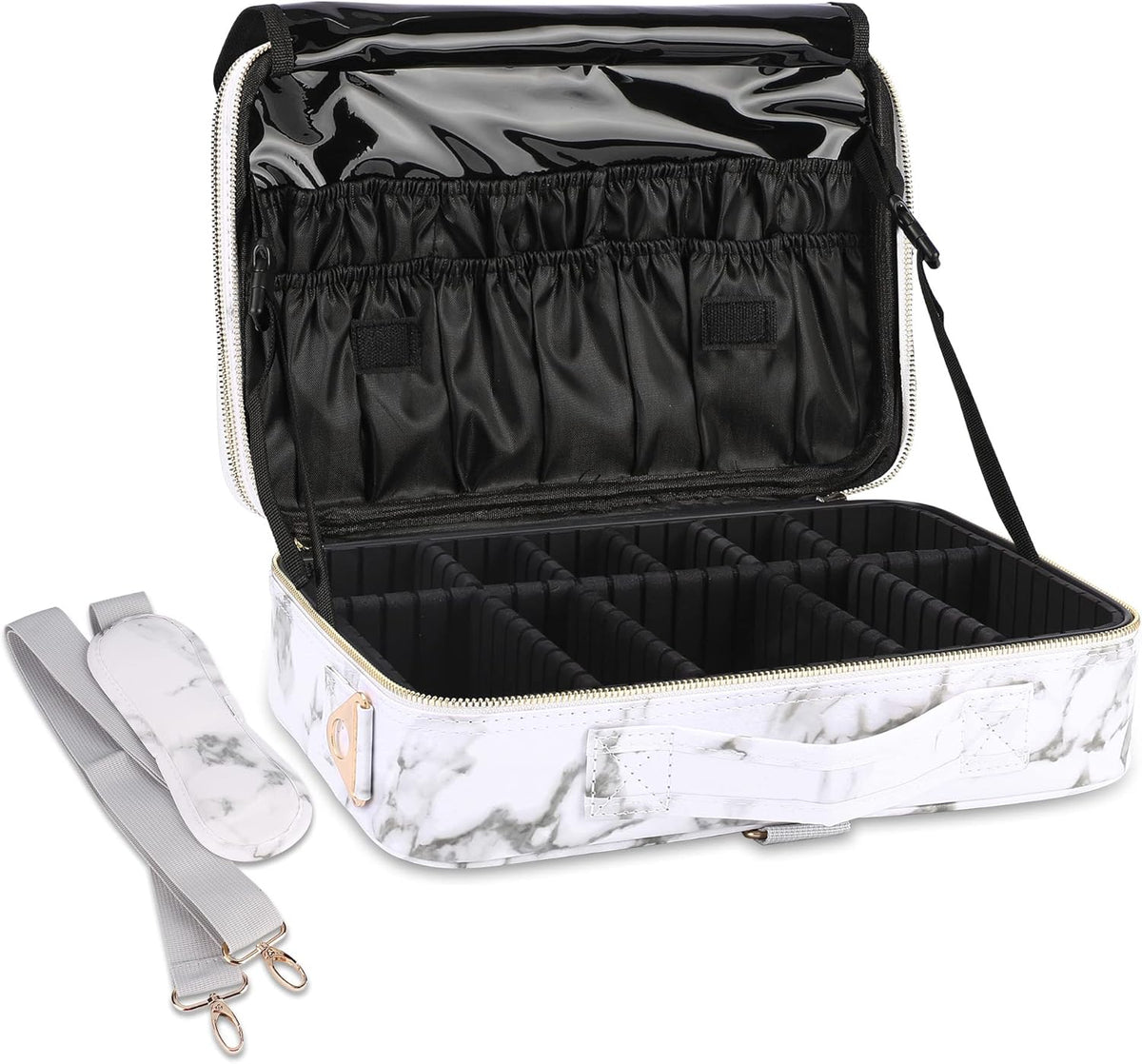 Travel Makeup Train Case,Large Capacity Cosmetic Bags for Women,Portable Makeup Bag Organizer with Adjustable Dividers & Shoulder Strap (Black, L)
