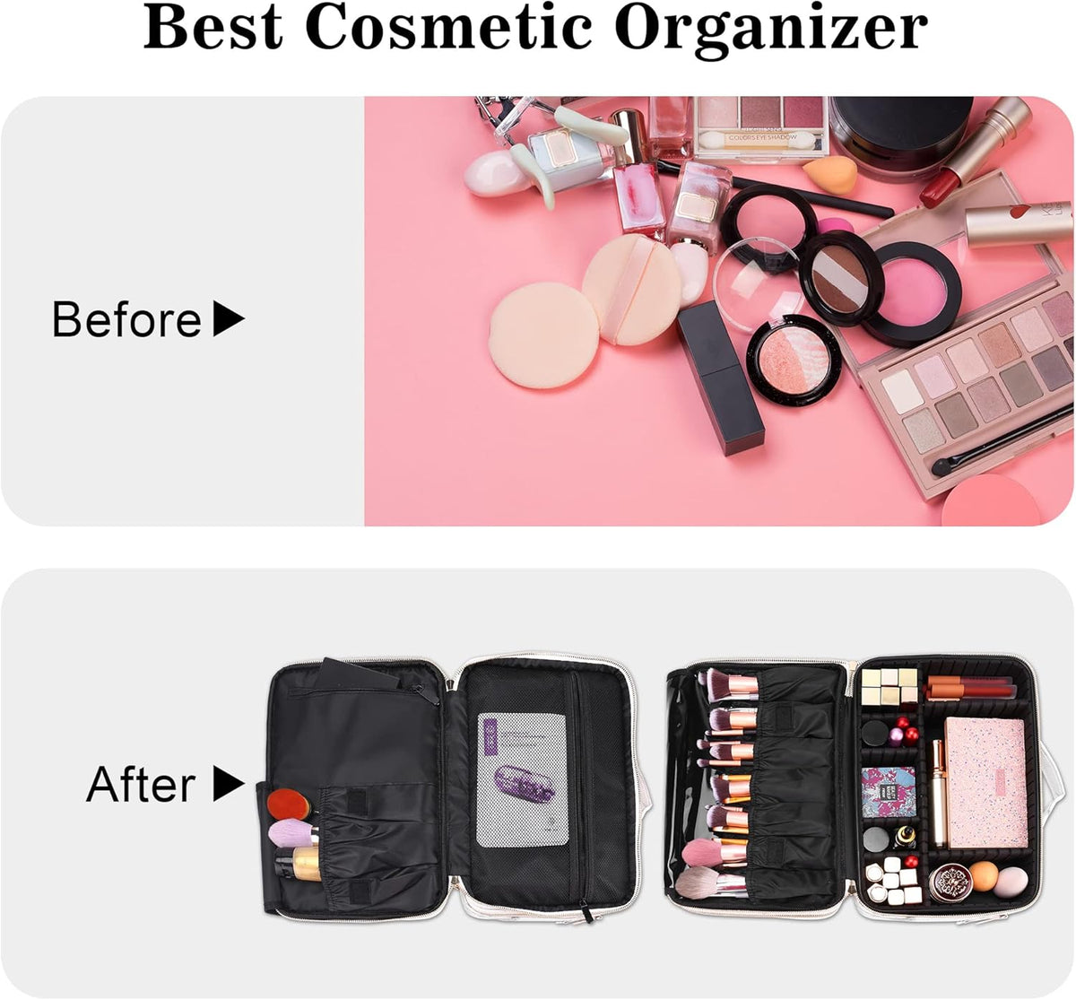 Travel Makeup Train Case,Large Capacity Cosmetic Bags for Women,Portable Makeup Bag Organizer with Adjustable Dividers & Shoulder Strap (Black, L)