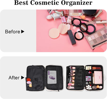 Travel Makeup Train Case,Large Capacity Cosmetic Bags for Women,Portable Makeup Bag Organizer with Adjustable Dividers & Shoulder Strap (Black, L)
