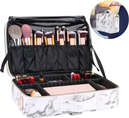 Travel Makeup Train Case,Large Capacity Cosmetic Bags for Women,Portable Makeup Bag Organizer with Adjustable Dividers & Shoulder Strap (Black, L)
