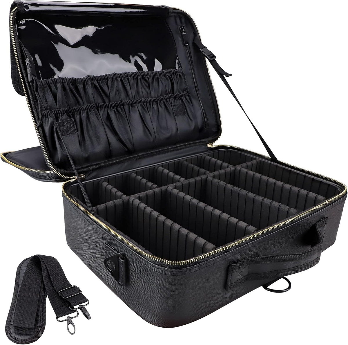 Travel Makeup Train Case,Large Capacity Cosmetic Bags for Women,Portable Makeup Bag Organizer with Adjustable Dividers & Shoulder Strap (Black, L)