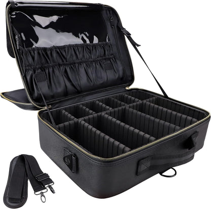 Travel Makeup Train Case,Large Capacity Cosmetic Bags for Women,Portable Makeup Bag Organizer with Adjustable Dividers & Shoulder Strap (Black, L)