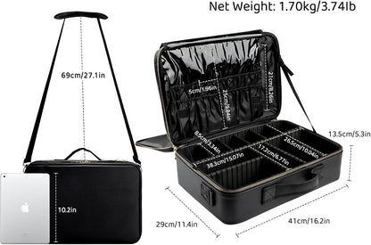 Travel Makeup Train Case,Large Capacity Cosmetic Bags for Women,Portable Makeup Bag Organizer with Adjustable Dividers & Shoulder Strap (Black, L)