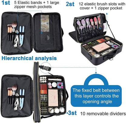 Travel Makeup Train Case,Large Capacity Cosmetic Bags for Women,Portable Makeup Bag Organizer with Adjustable Dividers & Shoulder Strap (Black, L)