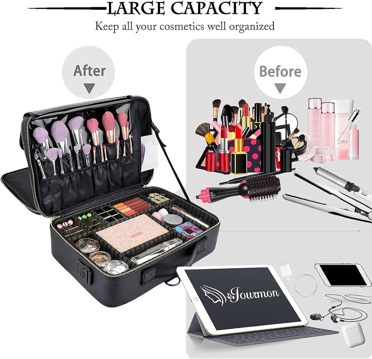 Travel Makeup Train Case,Large Capacity Cosmetic Bags for Women,Portable Makeup Bag Organizer with Adjustable Dividers & Shoulder Strap (Black, L)