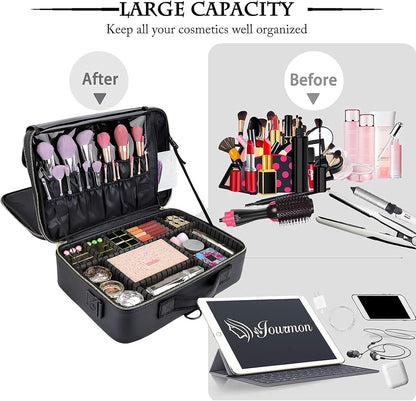 Travel Makeup Train Case,Large Capacity Cosmetic Bags for Women,Portable Makeup Bag Organizer with Adjustable Dividers & Shoulder Strap (Black, L)