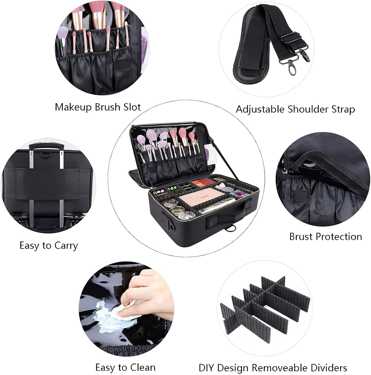 Travel Makeup Train Case,Large Capacity Cosmetic Bags for Women,Portable Makeup Bag Organizer with Adjustable Dividers & Shoulder Strap (Black, L)