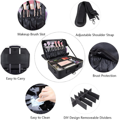 Travel Makeup Train Case,Large Capacity Cosmetic Bags for Women,Portable Makeup Bag Organizer with Adjustable Dividers & Shoulder Strap (Black, L)