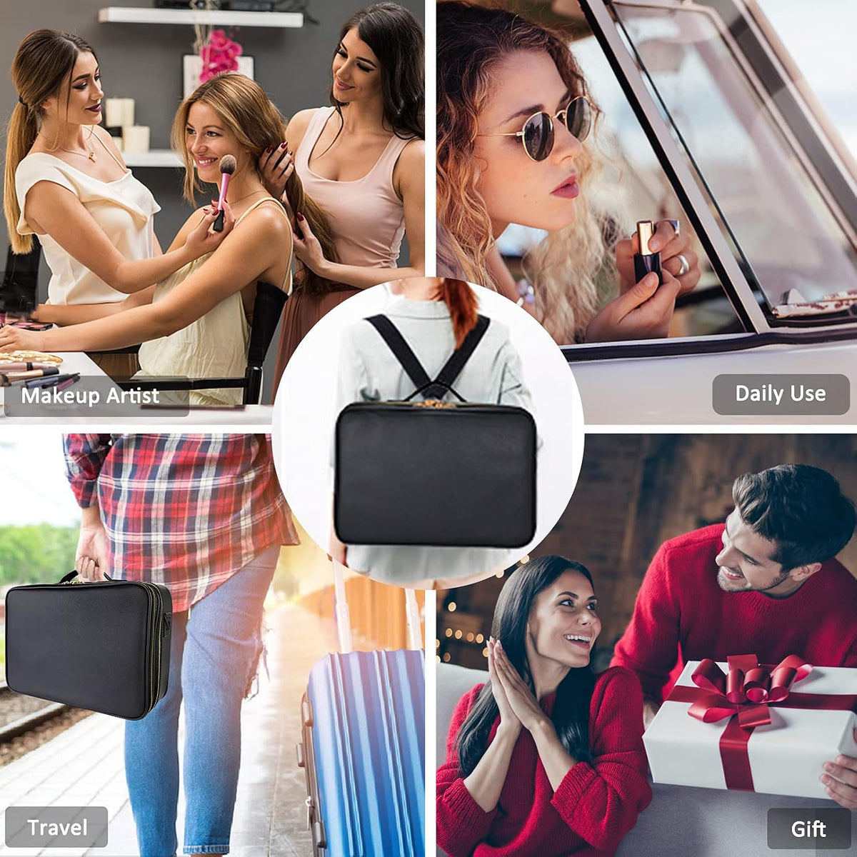 Travel Makeup Train Case,Large Capacity Cosmetic Bags for Women,Portable Makeup Bag Organizer with Adjustable Dividers & Shoulder Strap (Black, L)