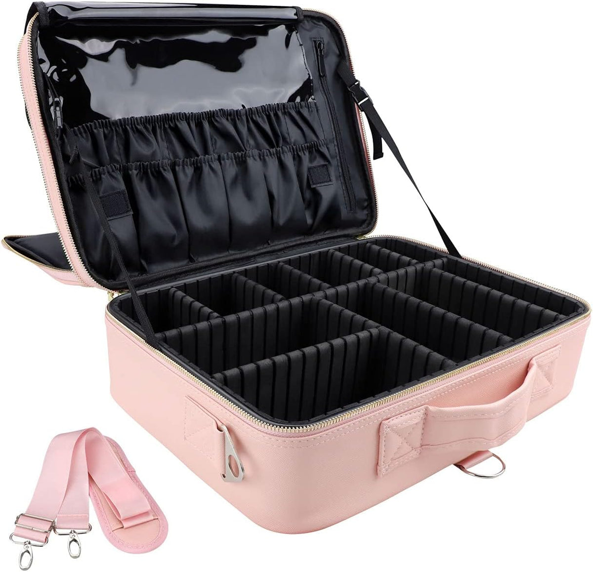 Travel Makeup Train Case,Large Capacity Cosmetic Bags for Women,Portable Makeup Bag Organizer with Adjustable Dividers & Shoulder Strap (Black, L)
