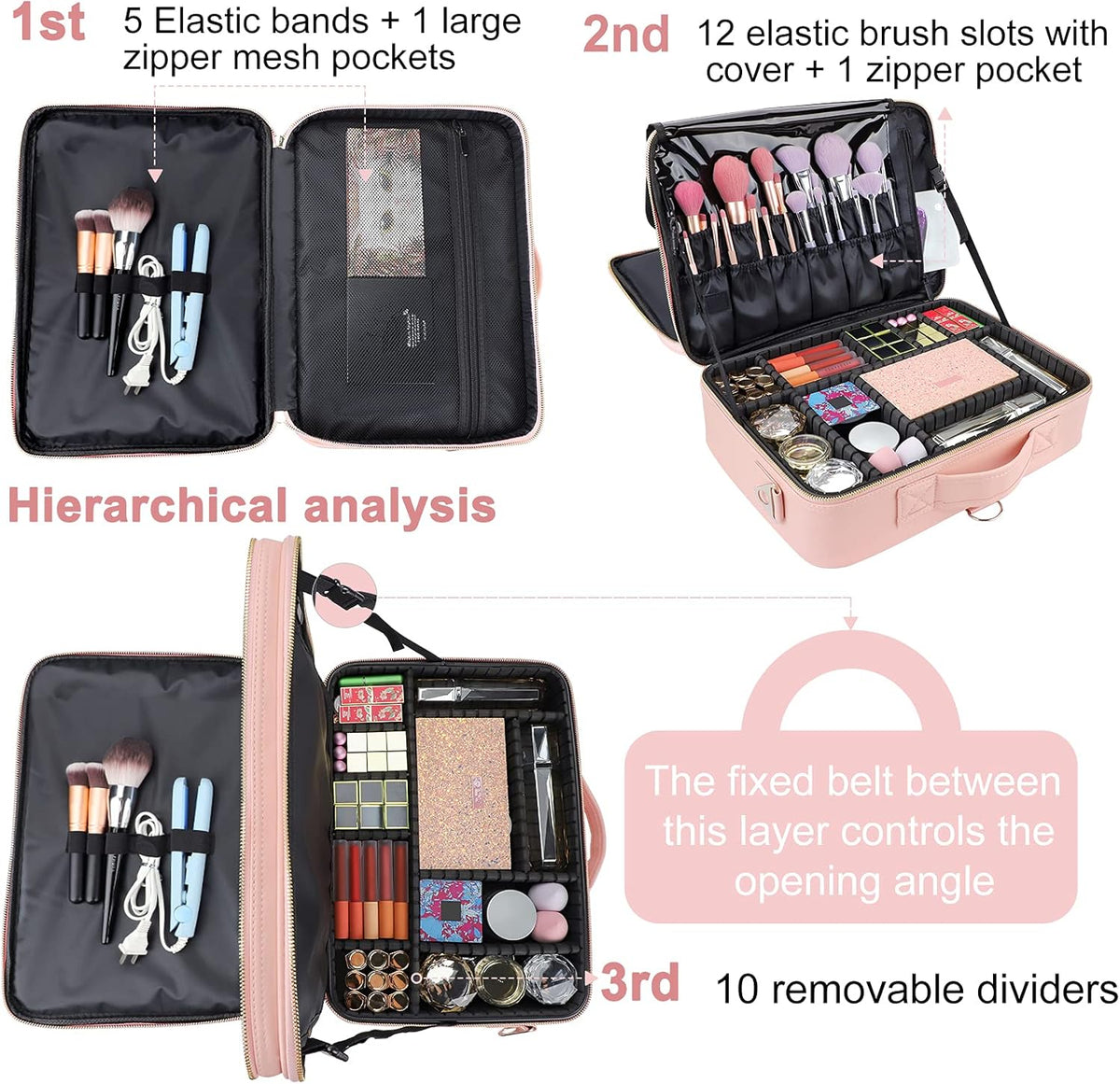 Travel Makeup Train Case,Large Capacity Cosmetic Bags for Women,Portable Makeup Bag Organizer with Adjustable Dividers & Shoulder Strap (Black, L)
