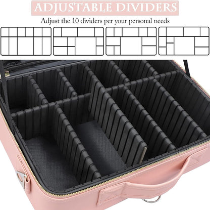 Travel Makeup Train Case,Large Capacity Cosmetic Bags for Women,Portable Makeup Bag Organizer with Adjustable Dividers & Shoulder Strap (Black, L)