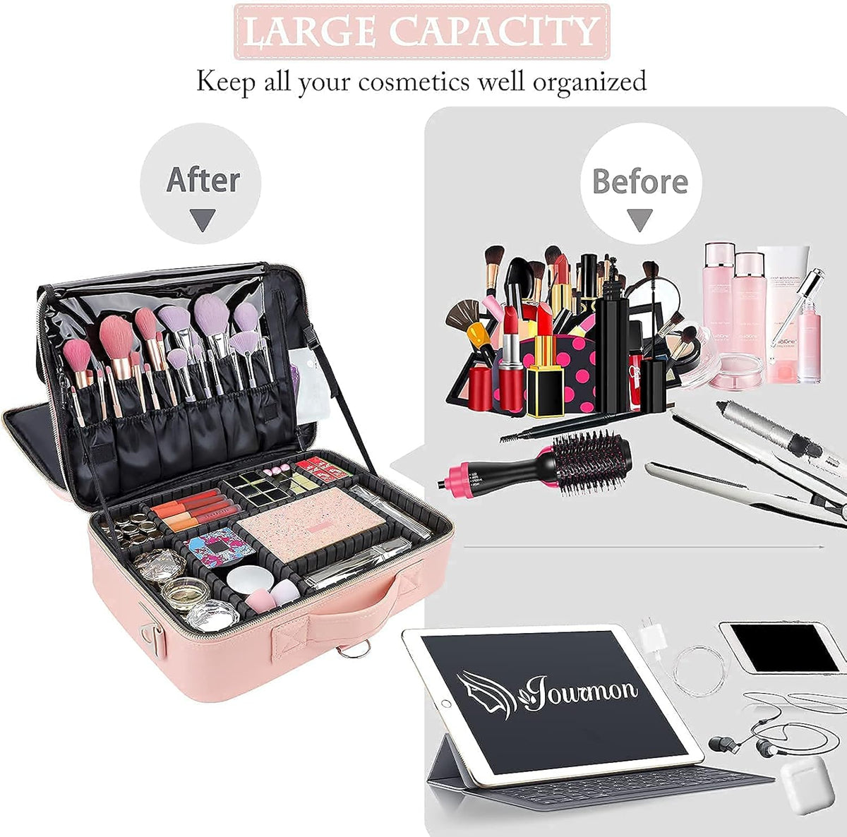 Travel Makeup Train Case,Large Capacity Cosmetic Bags for Women,Portable Makeup Bag Organizer with Adjustable Dividers & Shoulder Strap (Black, L)