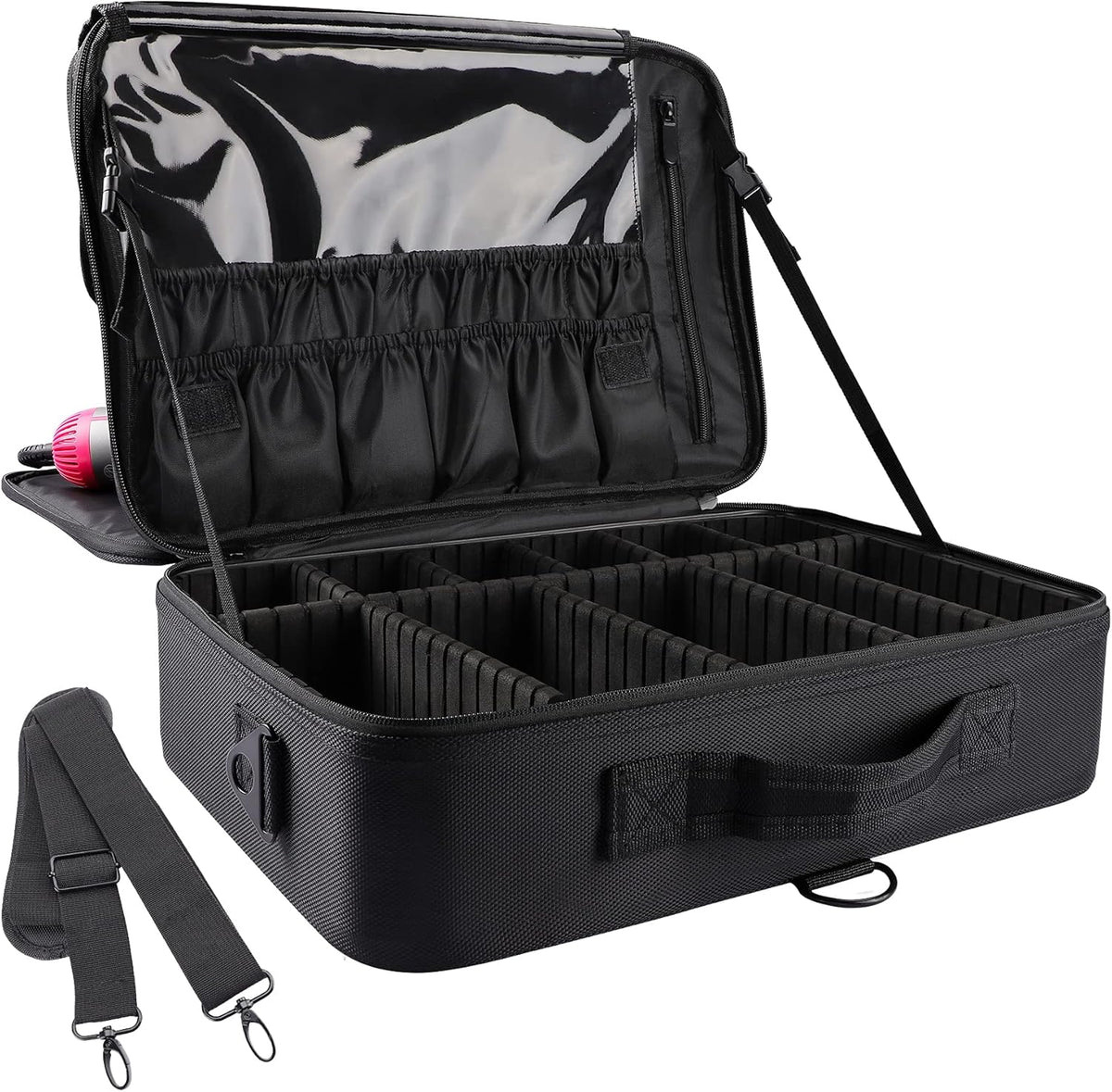 Travel Makeup Train Case,Large Capacity Cosmetic Bags for Women,Portable Makeup Bag Organizer with Adjustable Dividers & Shoulder Strap (Black, L)