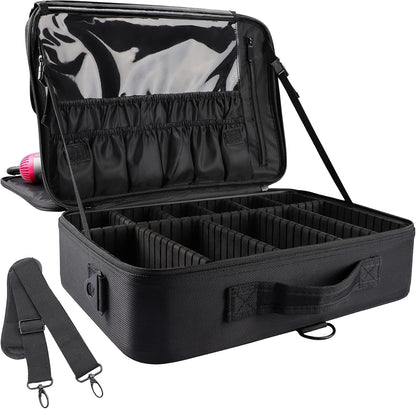 Travel Makeup Train Case,Large Capacity Cosmetic Bags for Women,Portable Makeup Bag Organizer with Adjustable Dividers & Shoulder Strap (Black, L)