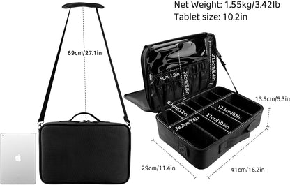 Travel Makeup Train Case,Large Capacity Cosmetic Bags for Women,Portable Makeup Bag Organizer with Adjustable Dividers & Shoulder Strap (Black, L)