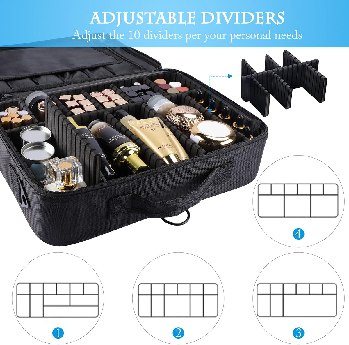 Travel Makeup Train Case,Large Capacity Cosmetic Bags for Women,Portable Makeup Bag Organizer with Adjustable Dividers & Shoulder Strap (Black, L)