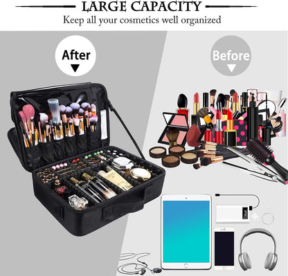 Travel Makeup Train Case,Large Capacity Cosmetic Bags for Women,Portable Makeup Bag Organizer with Adjustable Dividers & Shoulder Strap (Black, L)