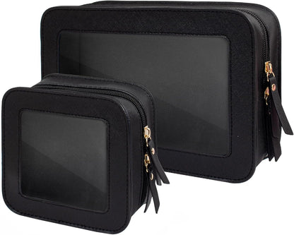 2 Pcs Travel Clear Makeup Bag Set, Clear White Makeup Organizer with Zipper Leather Travel Bags for Toiletries Small Cosmetic Bags for Women Mini Make up Pouch Toiletry Bags Car Essentials