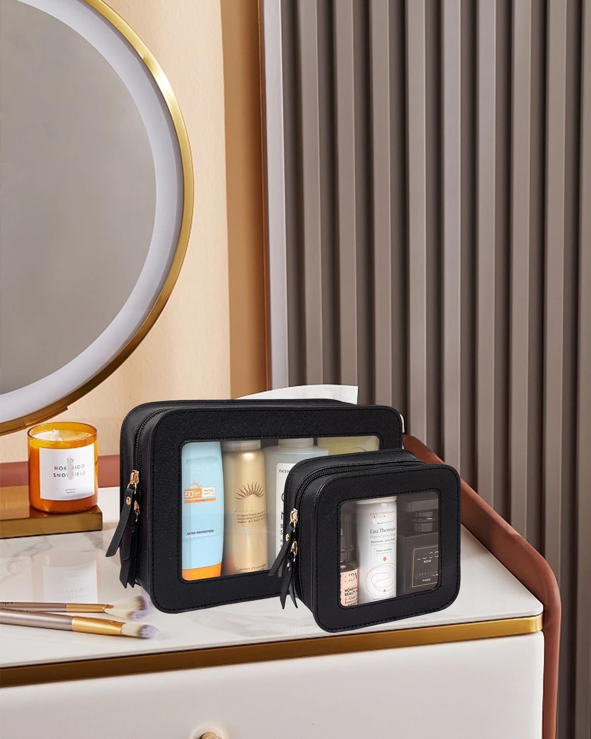 2 Pcs Travel Clear Makeup Bag Set, Clear White Makeup Organizer with Zipper Leather Travel Bags for Toiletries Small Cosmetic Bags for Women Mini Make up Pouch Toiletry Bags Car Essentials