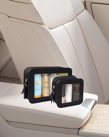 2 Pcs Travel Clear Makeup Bag Set, Clear White Makeup Organizer with Zipper Leather Travel Bags for Toiletries Small Cosmetic Bags for Women Mini Make up Pouch Toiletry Bags Car Essentials