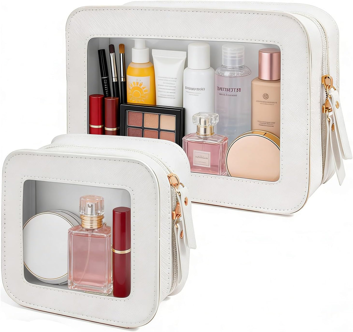 2 Pcs Travel Clear Makeup Bag Set, Clear White Makeup Organizer with Zipper Leather Travel Bags for Toiletries Small Cosmetic Bags for Women Mini Make up Pouch Toiletry Bags Car Essentials
