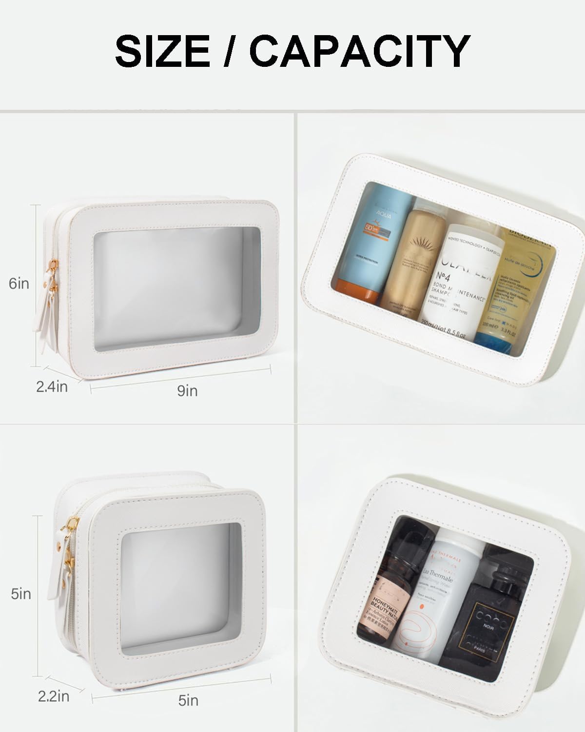 2 Pcs Travel Clear Makeup Bag Set, Clear White Makeup Organizer with Zipper Leather Travel Bags for Toiletries Small Cosmetic Bags for Women Mini Make up Pouch Toiletry Bags Car Essentials