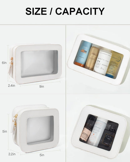 2 Pcs Travel Clear Makeup Bag Set, Clear White Makeup Organizer with Zipper Leather Travel Bags for Toiletries Small Cosmetic Bags for Women Mini Make up Pouch Toiletry Bags Car Essentials