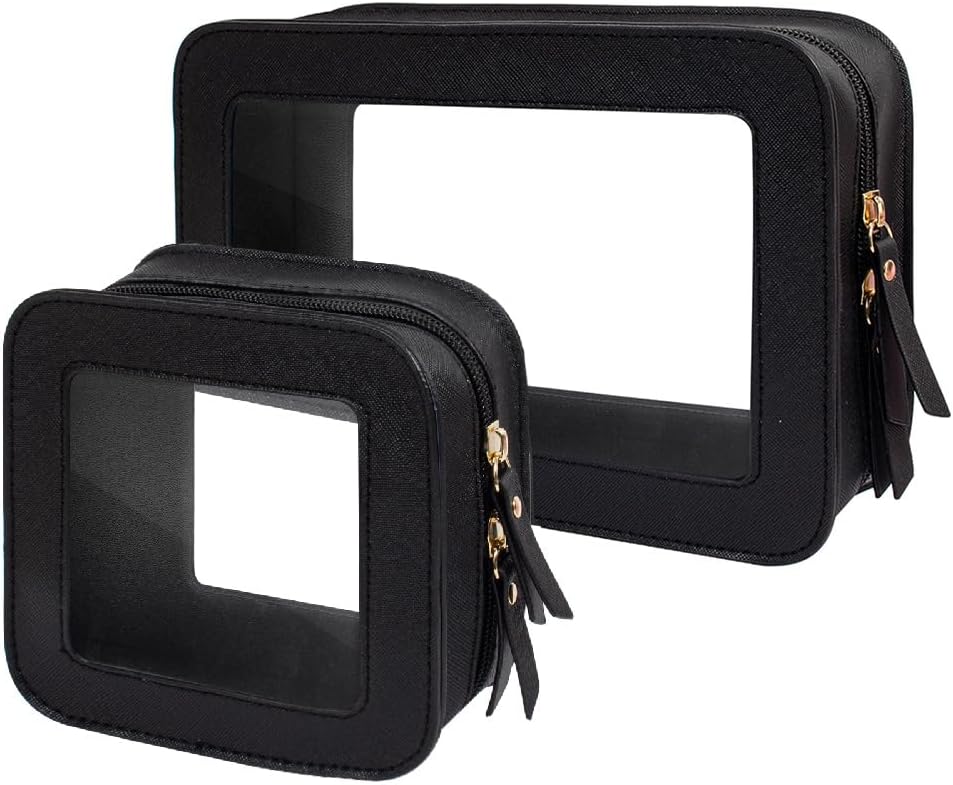 2 Pcs Travel Clear Makeup Bag Set, Clear White Makeup Organizer with Zipper Leather Travel Bags for Toiletries Small Cosmetic Bags for Women Mini Make up Pouch Toiletry Bags Car Essentials